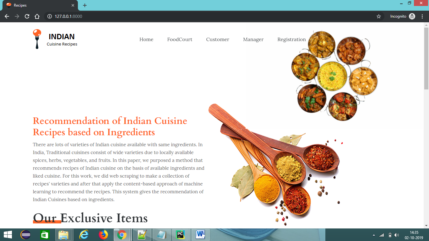 RECOMMENDATION OF INDIAN CUISINE RECIPES BASED ON INGREDIENTS